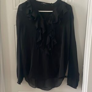 Theory Black Ruffled Lace Up Silk Chiffon Blouse